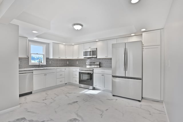 25763 Gibraltar Rd, Flat Rock, MI 48134 - kitchen with stainless steel appliances, recessed lighting, a sink, and marble finish floor