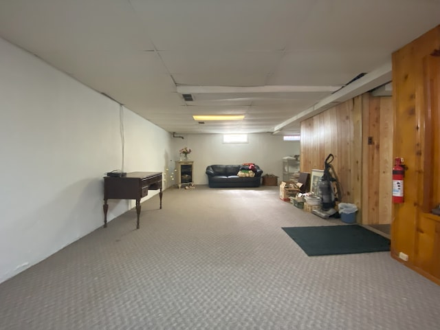 basement with wood walls and carpet floors