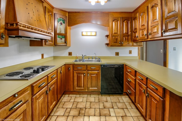 kitchen with light countertops, a sink, stainless steel electric cooktop, and black dishwasher