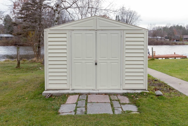 view of shed featuring a water view