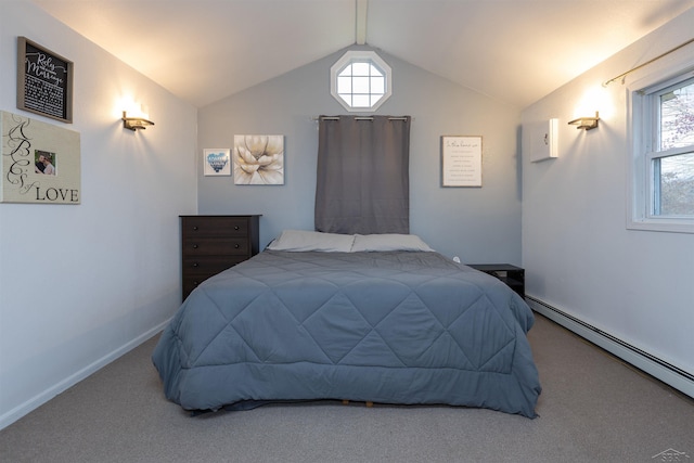 bedroom featuring baseboards, carpet flooring, a baseboard radiator, and vaulted ceiling with beams
