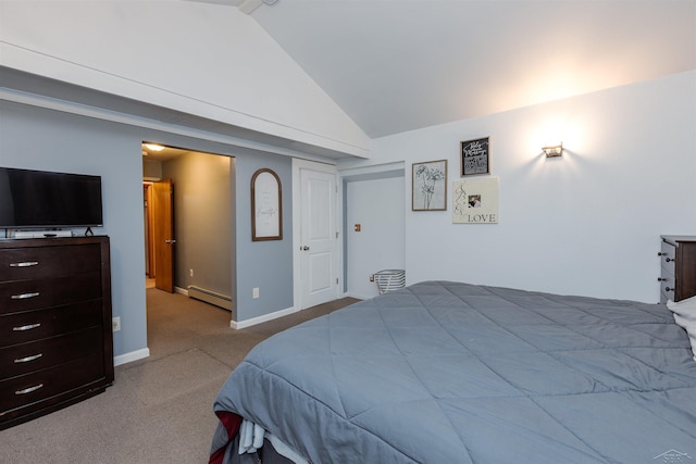 carpeted bedroom featuring baseboards, a baseboard heating unit, and vaulted ceiling