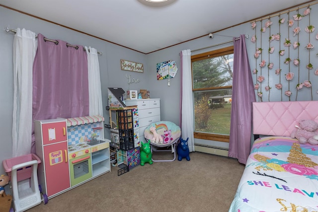 bedroom with a baseboard radiator and carpet