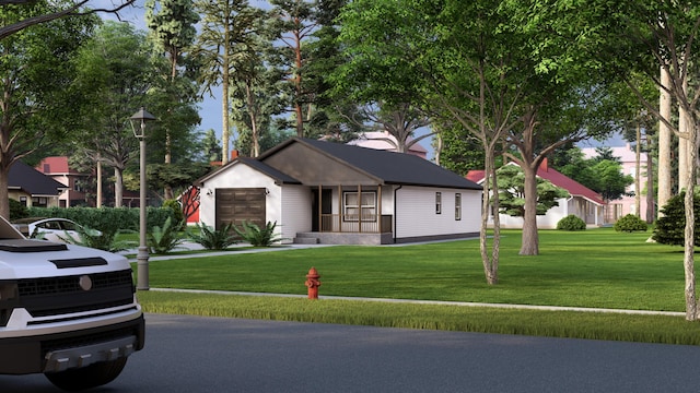 single story home featuring a front yard and a garage