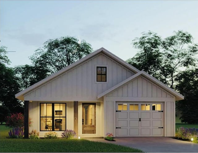 view of front of property featuring concrete driveway, a front yard, board and batten siding, and an attached garage