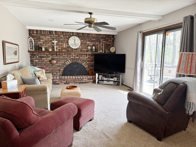 12131 Brandywine Dr, Brighton, MI 48114 - living room featuring carpet, beamed ceiling, ceiling fan, and a brick fireplace