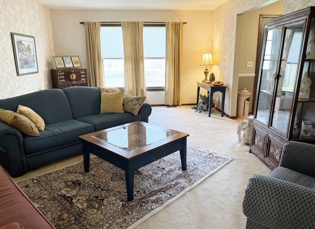 12131 Brandywine Dr, Brighton, MI 48114 - living room featuring light colored carpet, baseboards, and wallpapered walls
