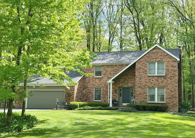 12131 Brandywine Dr, Brighton, MI 48114 - view of front of property with an attached garage, a front lawn, brick siding, and roof with shingles
