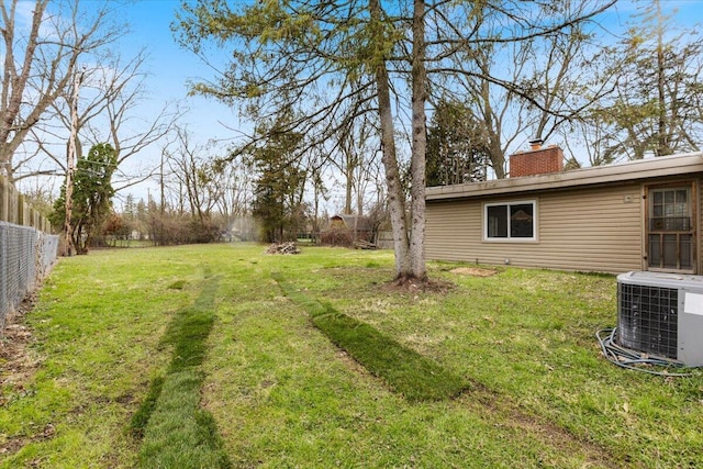 view of yard featuring central AC unit and a fenced backyard