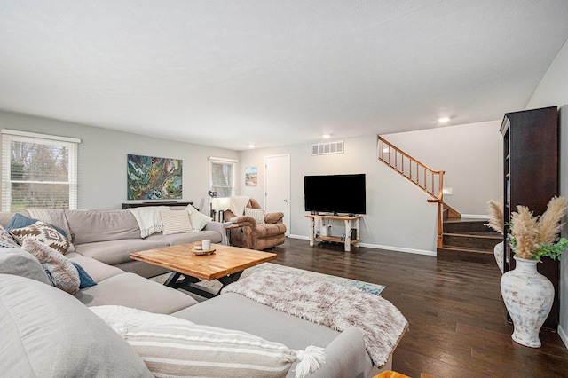 3804 Lincoln Ave, Saint Joseph, MI 49085 - living area featuring visible vents, baseboards, dark wood-style flooring, stairway, and recessed lighting