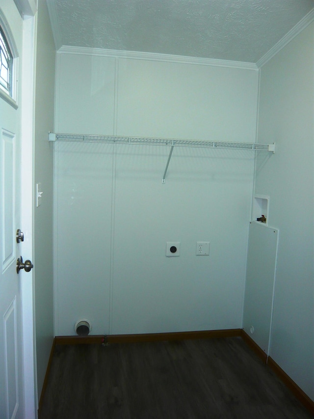 laundry room featuring laundry area, hookup for a washing machine, electric dryer hookup, ornamental molding, and dark wood-style flooring