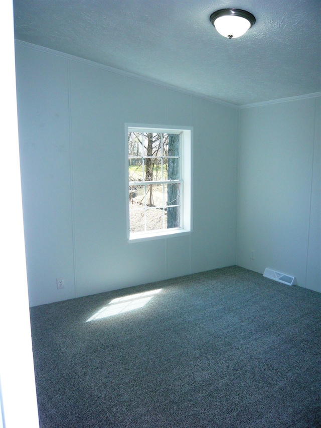 carpeted spare room featuring crown molding, visible vents, and a textured ceiling