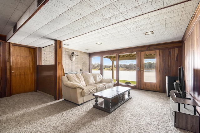 3942 Harmon Dr, Fremont, MI 49412 - carpeted living room featuring wooden walls and french doors