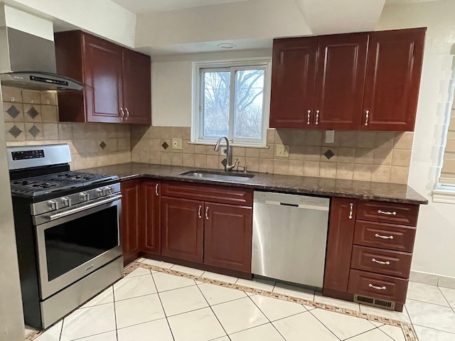 kitchen featuring wall chimney exhaust hood, a sink, reddish brown cabinets, and appliances with stainless steel finishes