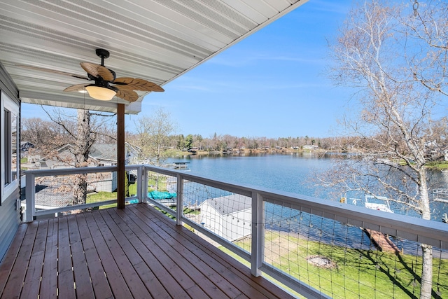 deck with a ceiling fan and a water view