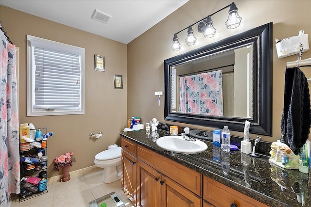 full bath featuring visible vents, tile patterned flooring, vanity, and toilet