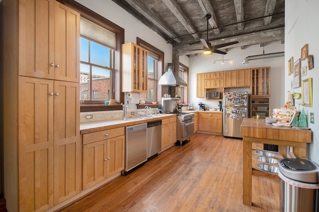 3139 Woodward Ave Unit 6, Detroit, MI 48201 - kitchen with appliances with stainless steel finishes, light wood-type flooring, ceiling fan, light countertops, and glass insert cabinets