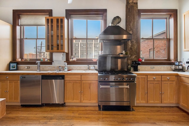 3139 Woodward Ave Unit 6, Detroit, MI 48201 - kitchen featuring stainless steel appliances, light countertops, wall chimney range hood, glass insert cabinets, and light wood-style flooring