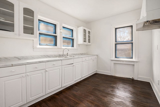 kitchen featuring a sink, glass insert cabinets, white cabinets, baseboards, and dark wood-type flooring