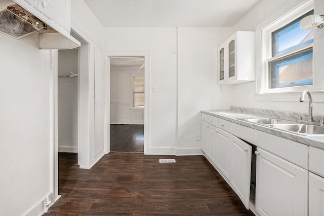 kitchen featuring under cabinet range hood, light countertops, a sink, dark wood-type flooring, and white cabinetry