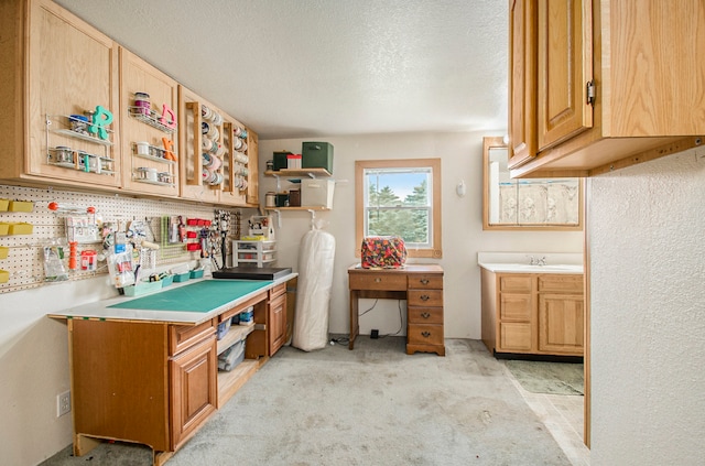 kitchen with light carpet, a sink, light countertops, and a textured ceiling