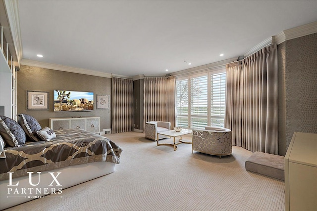 carpeted bedroom with recessed lighting, visible vents, and ornamental molding
