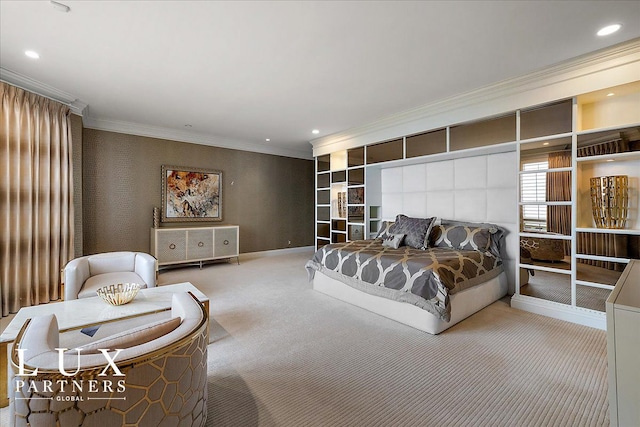 bedroom with baseboards, ornamental molding, carpet, and recessed lighting