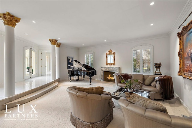 living area featuring ornamental molding, baseboards, recessed lighting, and a premium fireplace