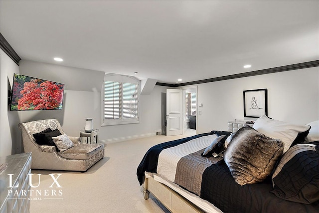 bedroom featuring recessed lighting, carpet flooring, baseboards, and crown molding