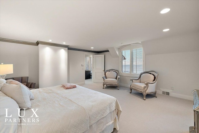 bedroom with baseboards, visible vents, light colored carpet, and ornamental molding