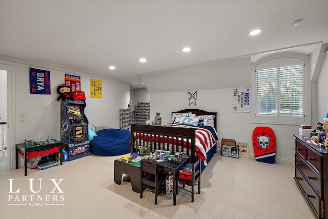 carpeted bedroom featuring baseboards, ornamental molding, and recessed lighting