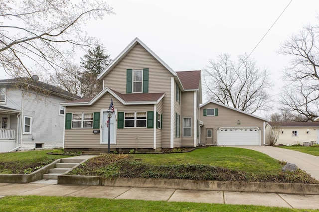 view of front of house featuring concrete driveway and a front lawn
