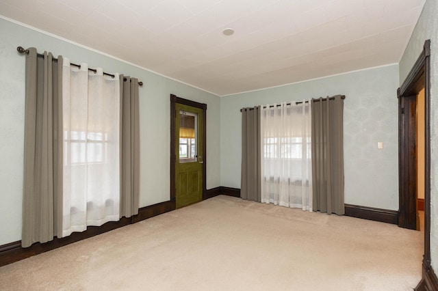 spare room featuring ornamental molding, baseboards, and carpet