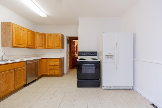 kitchen with electric range oven, white fridge with ice dispenser, a sink, light countertops, and stainless steel dishwasher