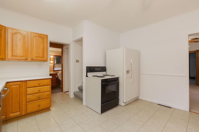 kitchen with crown molding, white refrigerator with ice dispenser, visible vents, light countertops, and electric stove