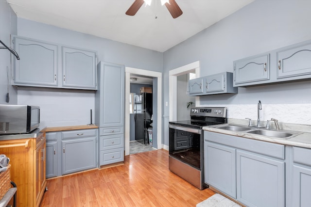 kitchen with ceiling fan, a sink, appliances with stainless steel finishes, and gray cabinets