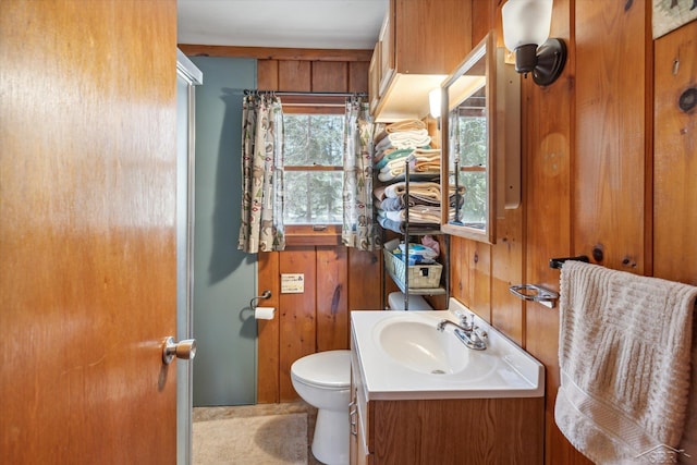 bathroom with wooden walls, vanity, and toilet