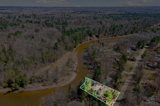 birds eye view of property featuring a wooded view