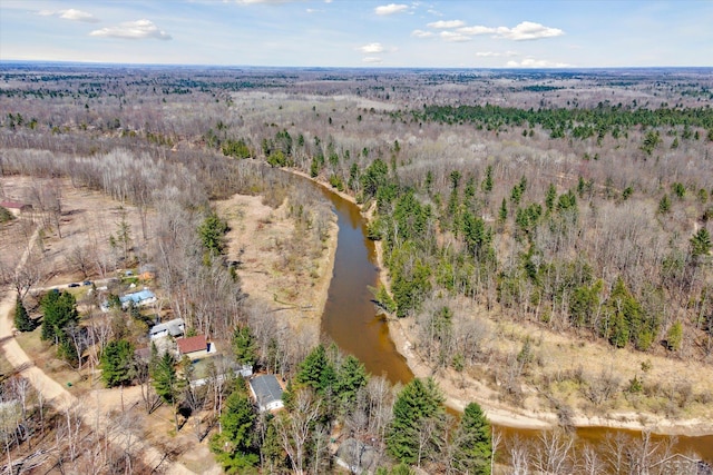 bird's eye view featuring a water view and a view of trees