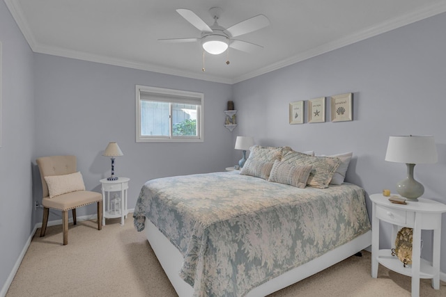 bedroom with light carpet, crown molding, and baseboards