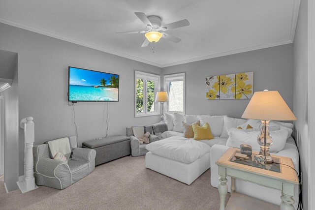 living area with ornamental molding, a ceiling fan, and carpet