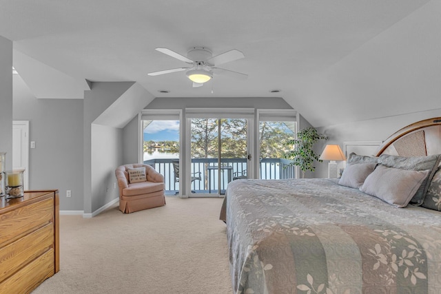bedroom with baseboards, a ceiling fan, carpet floors, access to exterior, and lofted ceiling