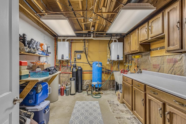 below grade area featuring water heater