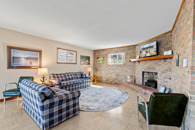 11672 Bradley Dr, Jerome, MI 49249 - living room with brick wall, a brick fireplace, and baseboards