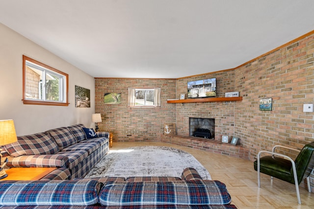 11672 Bradley Dr, Jerome, MI 49249 - living area featuring brick wall and a fireplace