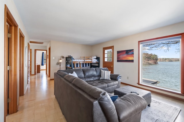 11672 Bradley Dr, Jerome, MI 49249 - living area with light floors, baseboards, and a water view