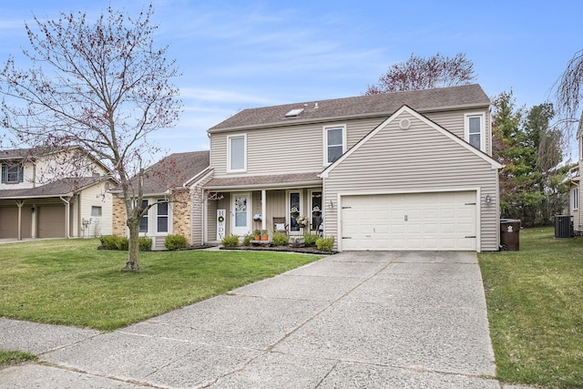 traditional-style home with concrete driveway, roof with shingles, a front lawn, and covered porch