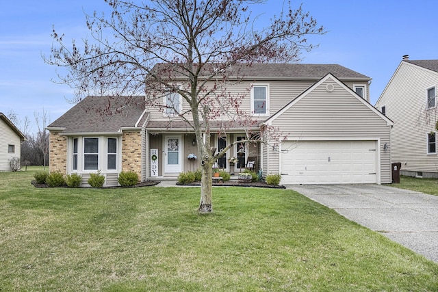 traditional-style home with a garage, concrete driveway, brick siding, a front lawn, and roof with shingles