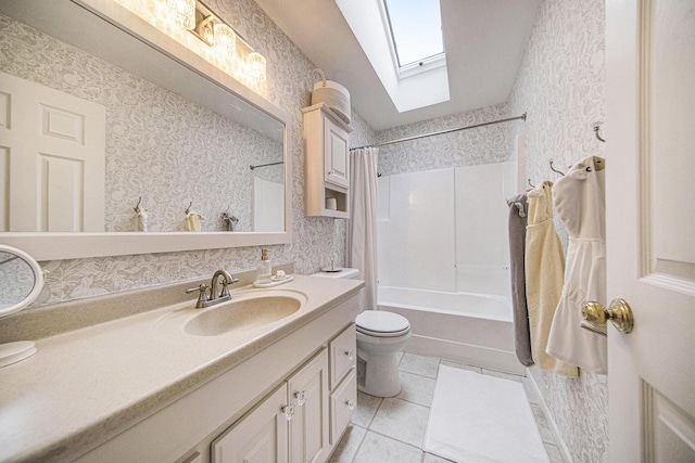 full bath featuring vanity, shower / bath combo, tile patterned floors, toilet, and a skylight