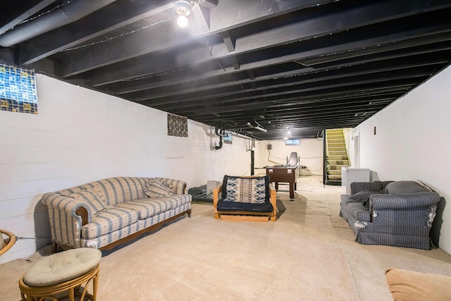 finished below grade area with carpet and stairway